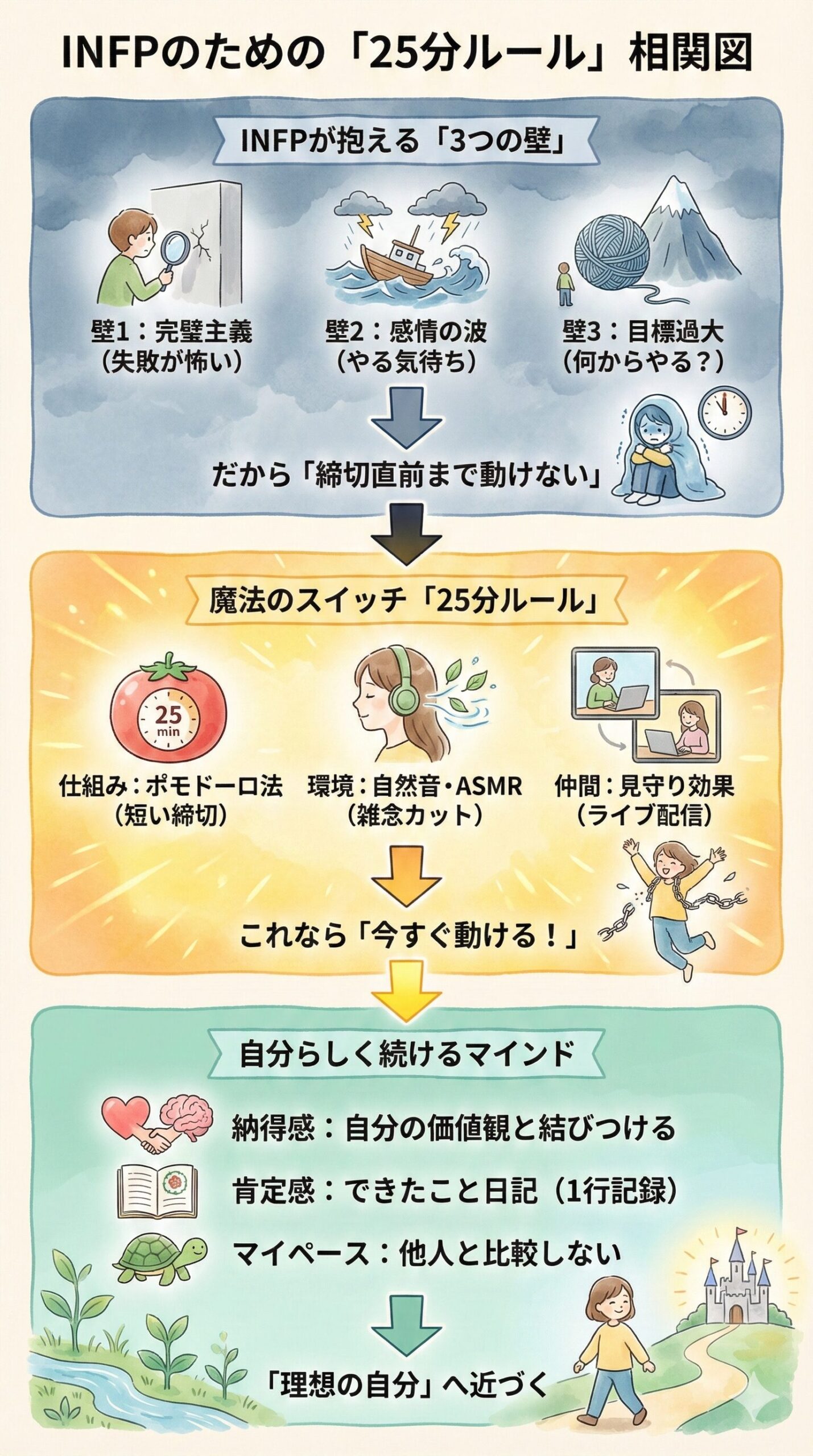 INFPが締切直前まで動けない理由(完璧主義・感情の波・目標過大)と、25分ルール(ポモドーロ・自然音・見守り効果)で今すぐ動ける流れをまとめた図