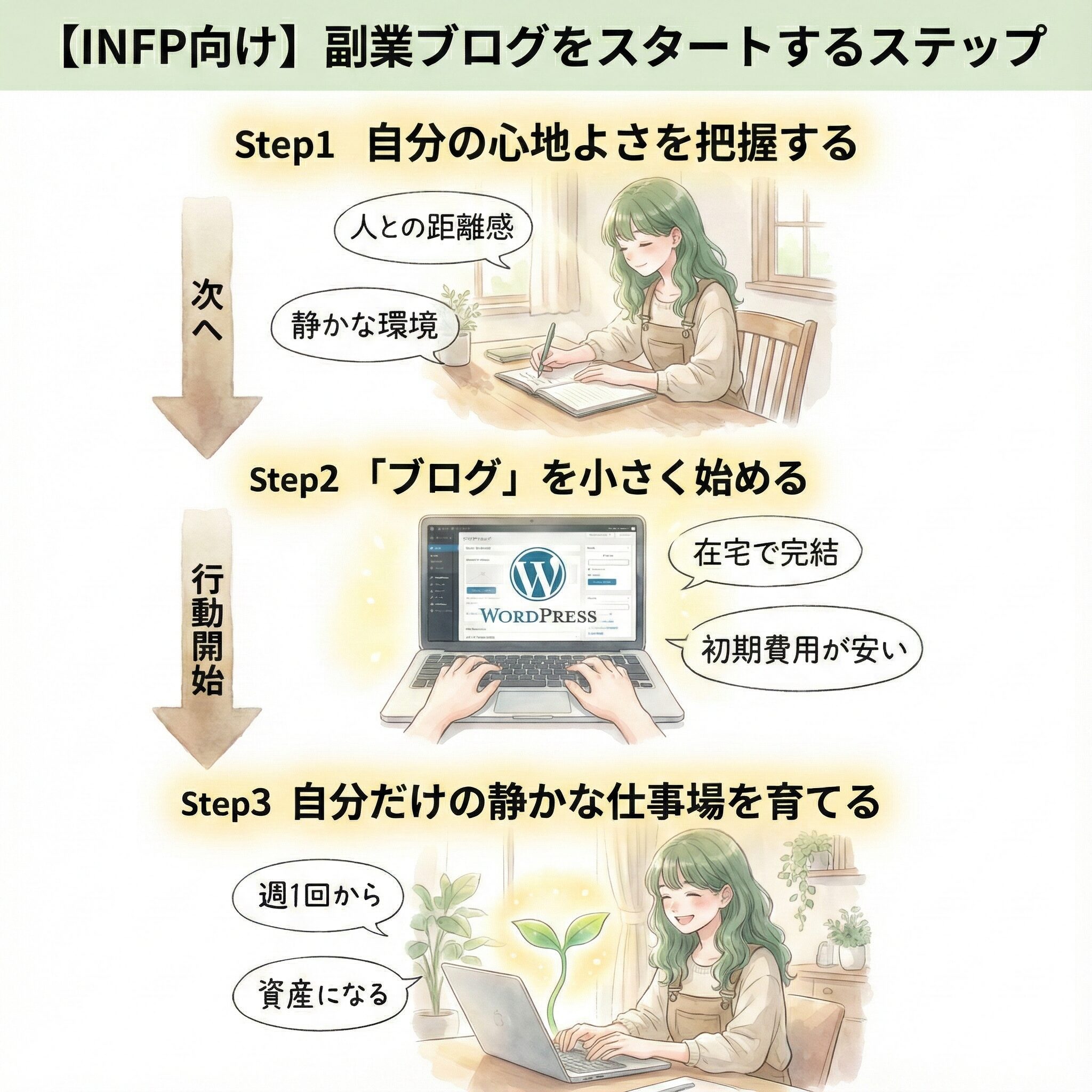 INFP向けに副業ブログを始める3ステップを解説した図解