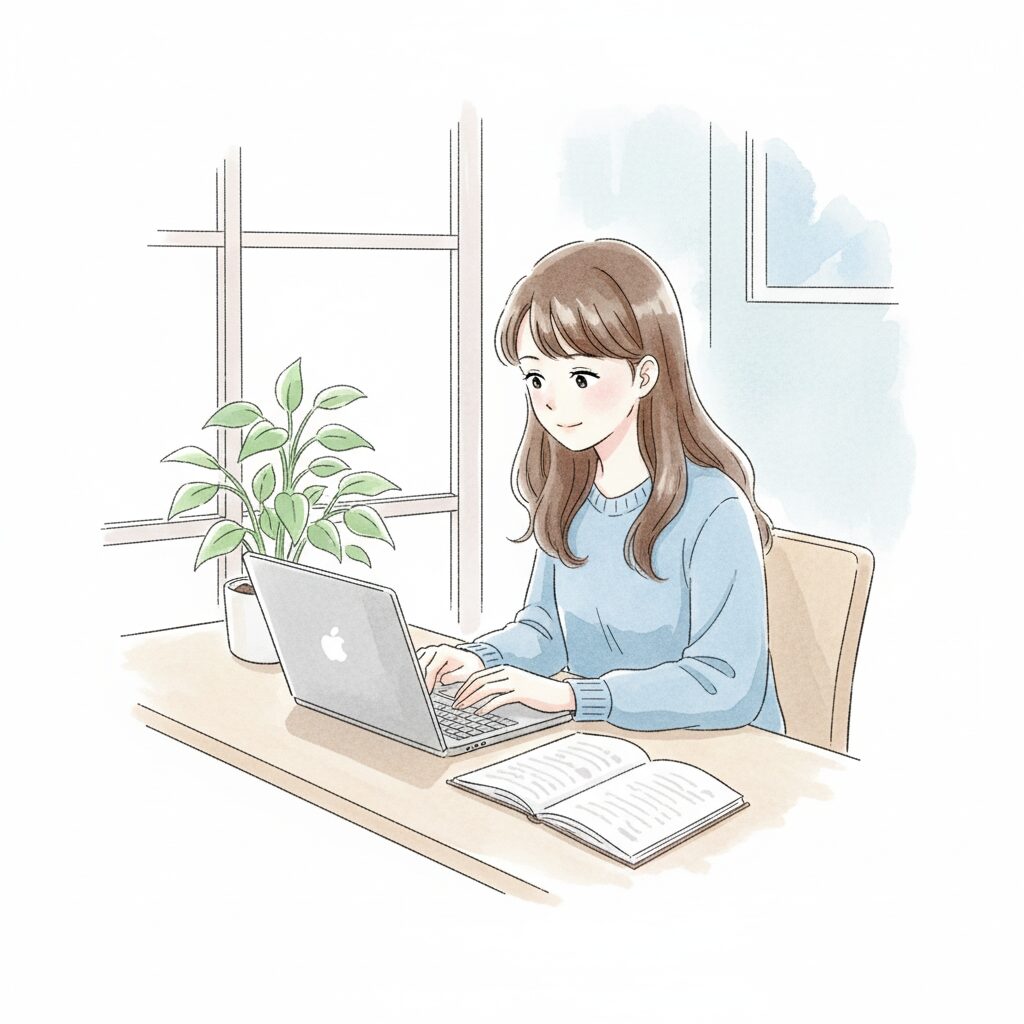 アニメ・漫画風のタッチで描かれたINFPの女性が、自宅の穏やかな空間でノートPCに向かい作業に取り組む様子。